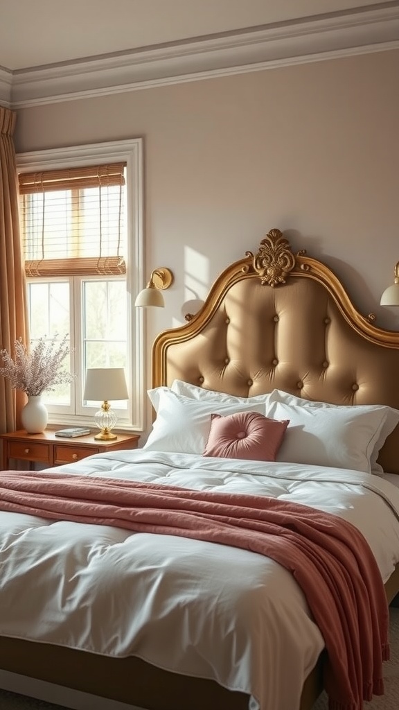 A boho style bedroom featuring a tufted golden headboard, soft white bedding, and a warm color palette.