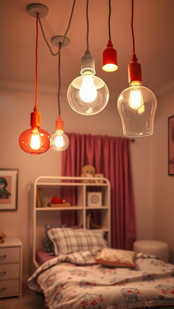 Colorful hanging light fixtures in a girl's bedroom with a cozy bed and decor.