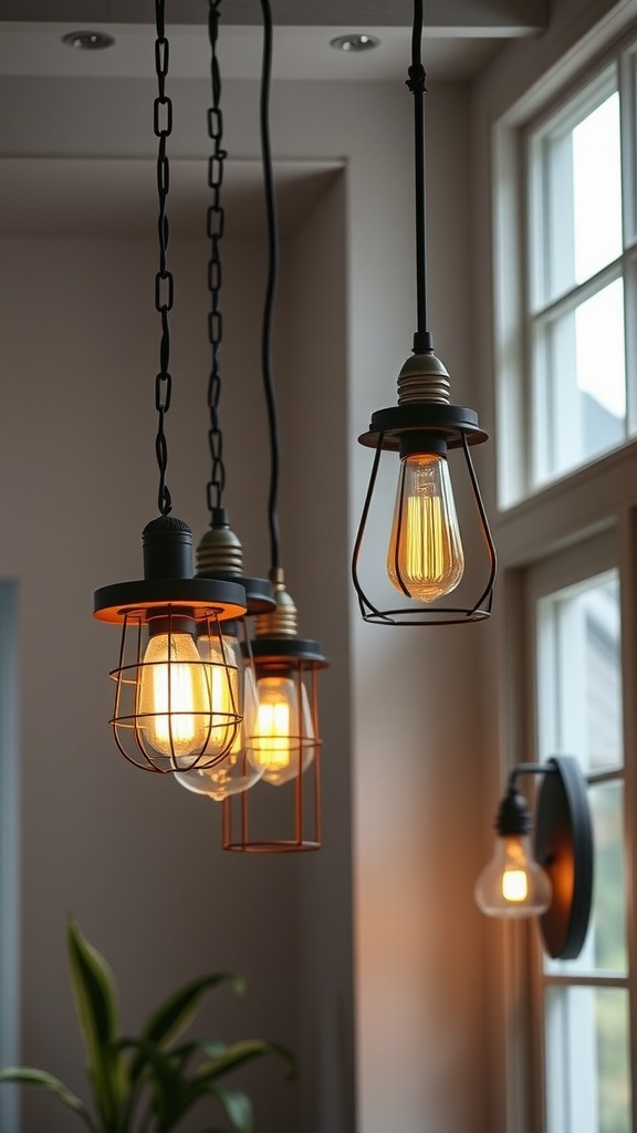 Unique lighting fixtures in a modern farmhouse style bedroom