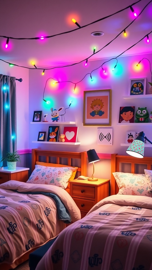 A colorful Twin Boys Bedroom with string lights and unique lamps.