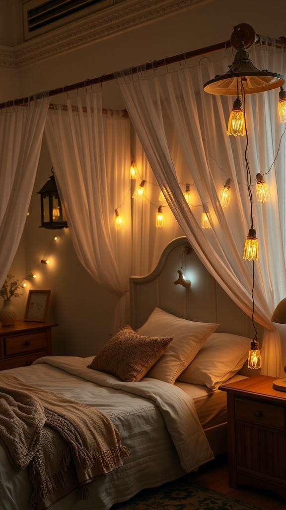 A cozy boho bedroom with a canopy bed, draped curtains, and unique night lights creating a warm ambiance.