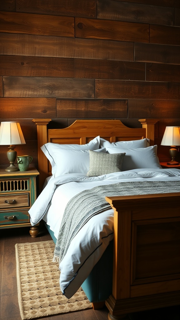 A cozy rustic bedroom featuring a wooden bed frame, soft bedding, and a unique nightstand with a vintage feel, complemented by warm lighting.