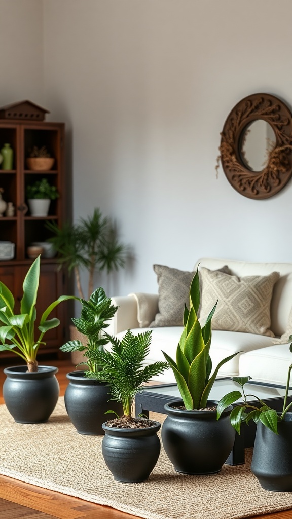 A dark farmhouse living room featuring various plants in black pots, arranged neatly on a rug.