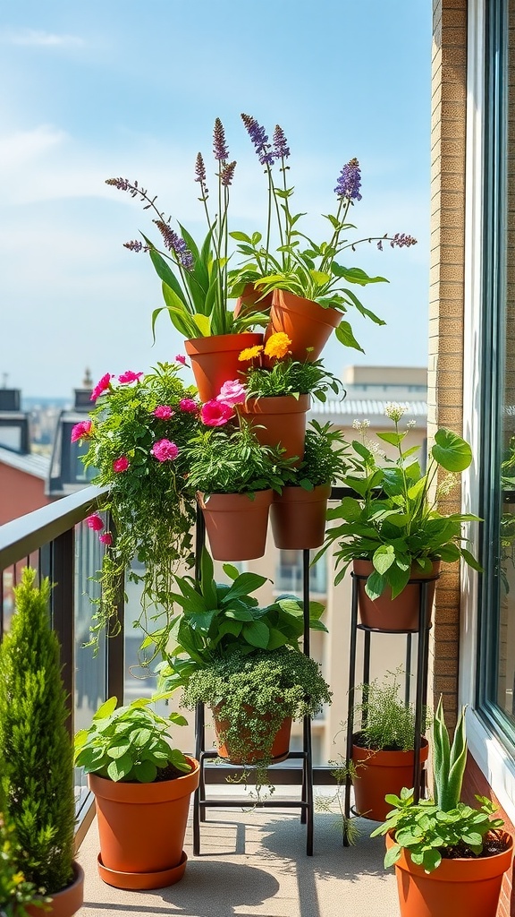 A vertical garden on a balcony with various plants in terracotta pots under a clear blue sky.