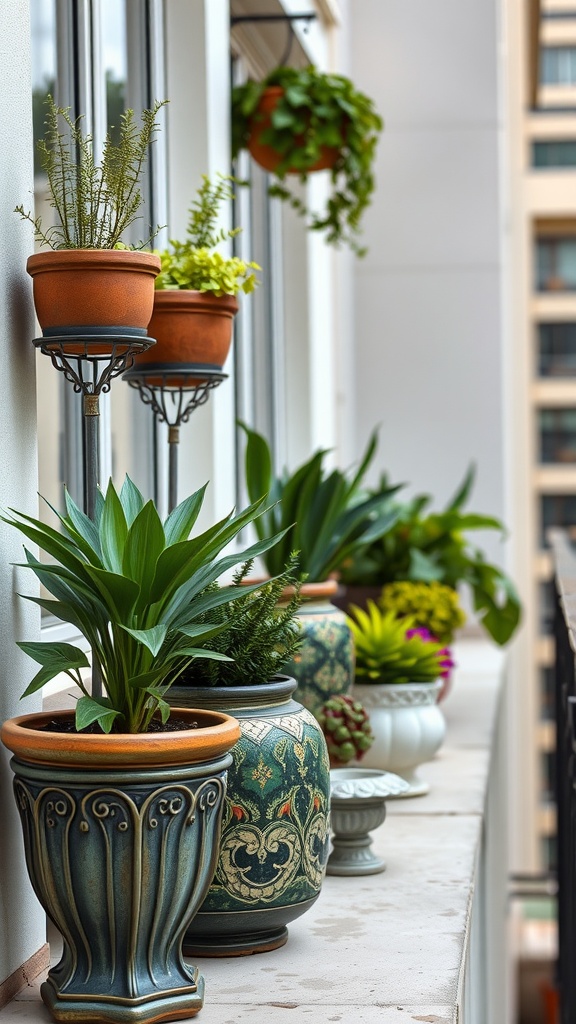 A collection of unique planters on a balcony, featuring various plant types in different styles of pots.