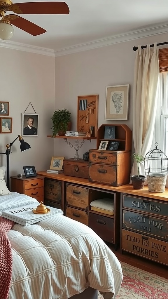 A cozy boy's bedroom featuring vintage storage boxes and a well-decorated shelf.