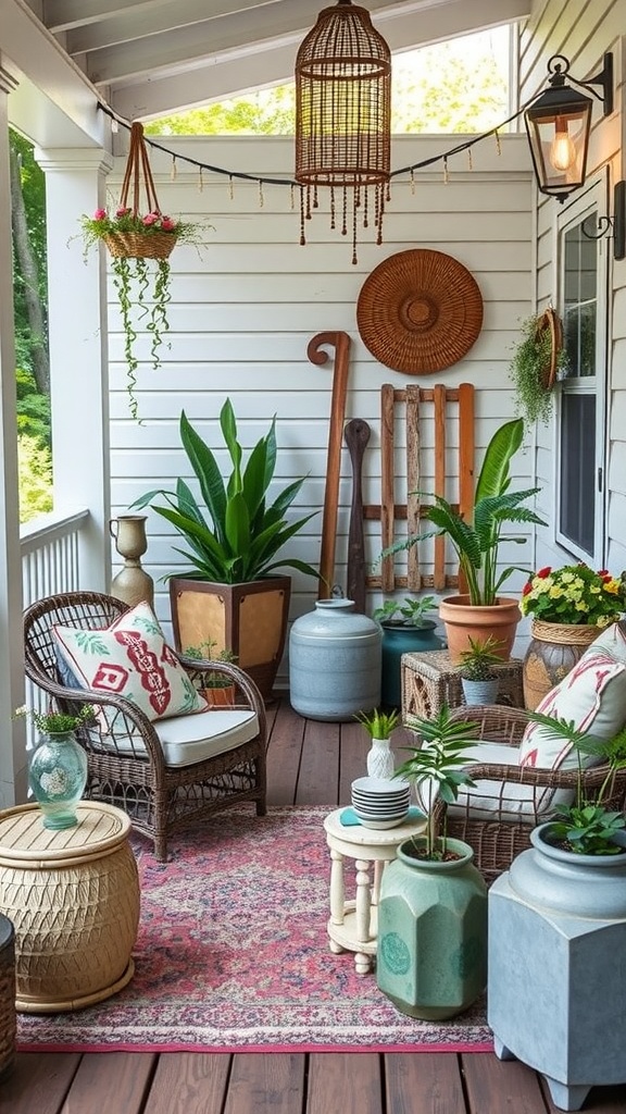 A cozy Boho back porch with wicker furniture, colorful cushions, and various plants in unique pots.