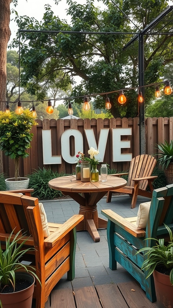 Upcycled furniture in a cozy outdoor patio setting with colorful chairs and a rustic table.