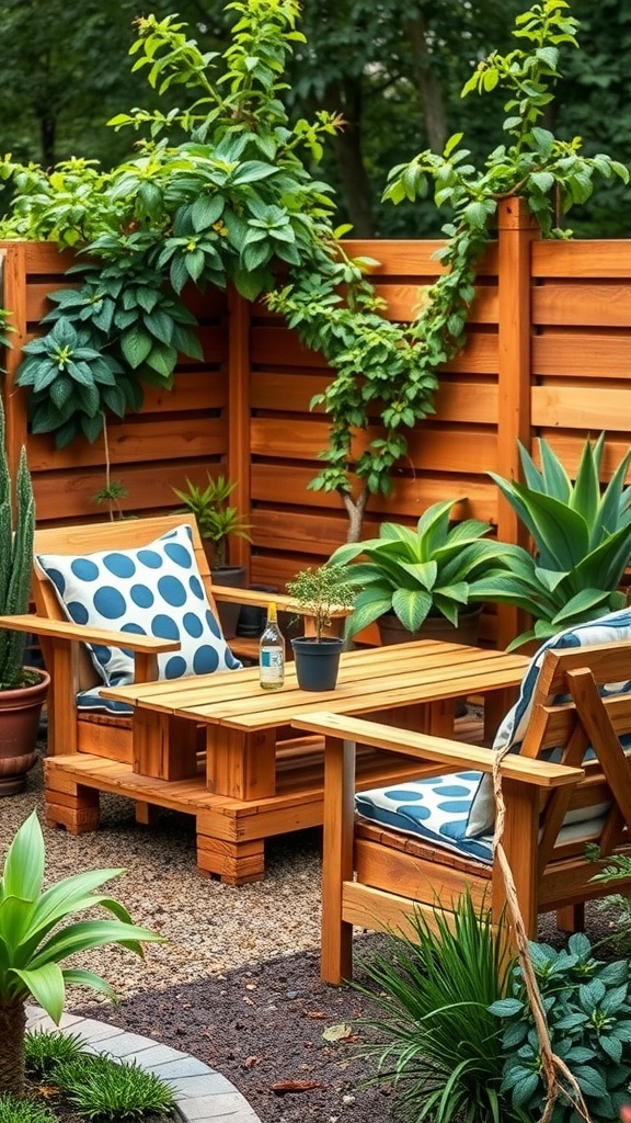 Cozy outdoor seating area with upcycled pallet furniture and lush greenery.