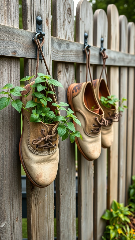 A wooden fence adorned with upcycled shoe planters filled with greenery.