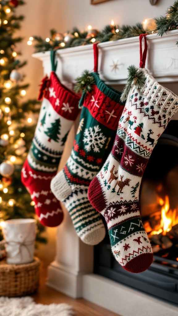 Three colorful knitted Christmas stockings hanging by a fireplace, decorated with festive patterns.