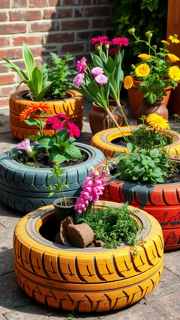 Colorful upcycled tire planters filled with flowers