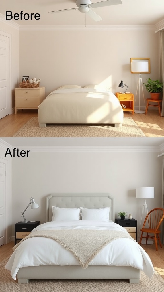 Before and after transformation of a beige bedroom, showcasing updated decor and design elements.
