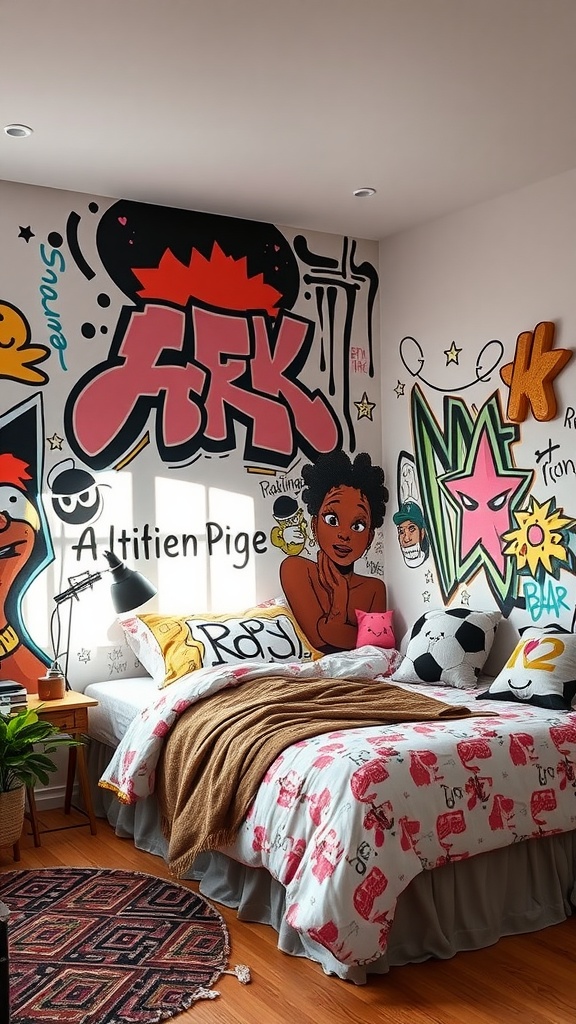 A teenager's bedroom featuring urban graffiti art on the walls, colorful bedding, and a cozy atmosphere.