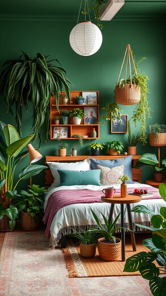 A cozy bedroom with lush green plants, a comfortable bed, and a warm color palette