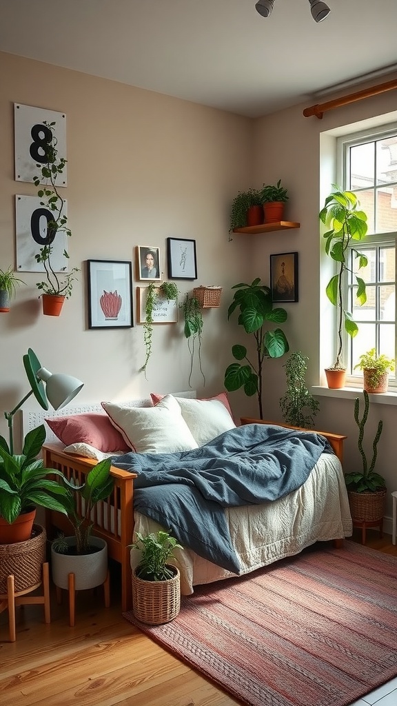 A cozy teenager bedroom with a bed, potted plants, and wall art, creating an urban jungle theme.
