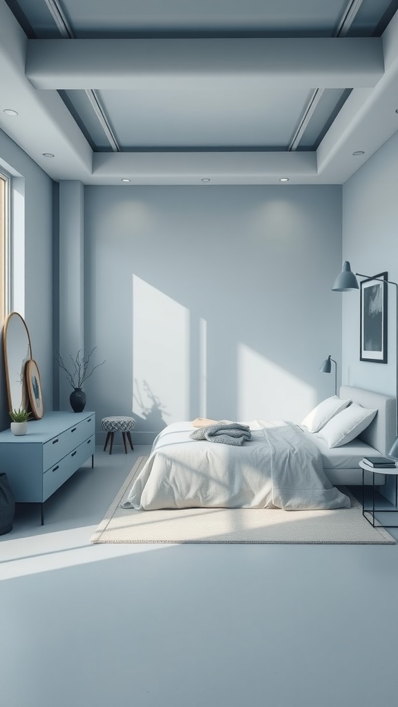 A minimalist urban bedroom featuring soft blue walls, a large window, and simple furnishings.