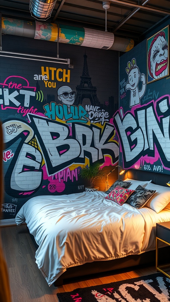 A bedroom with graffiti art on the walls, featuring a cozy bed and stylish decor.