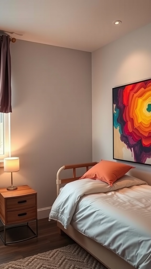 A cozy small farmhouse bedroom featuring colorful wall art, a bed with white linens, and a side table with a lamp.