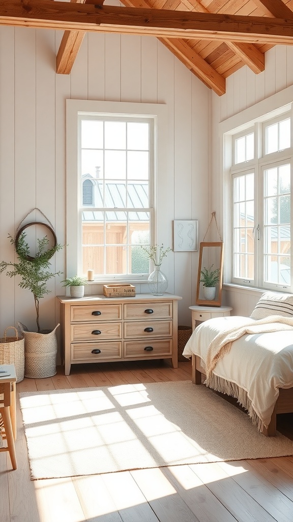 Bright farmhouse glam bedroom with natural light streaming through large windows