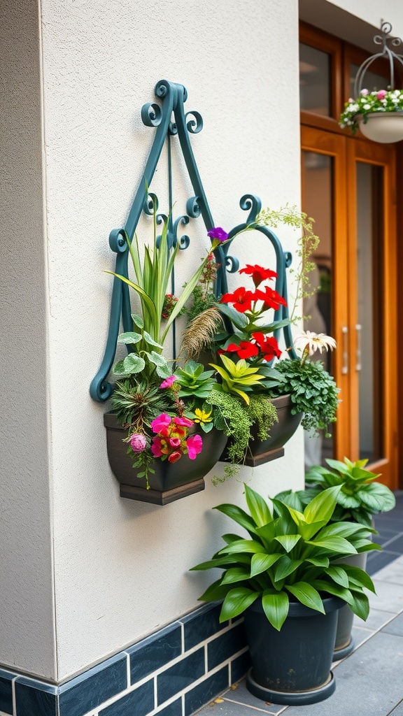 Vertical wall-mounted planters filled with colorful flowers and greenery.