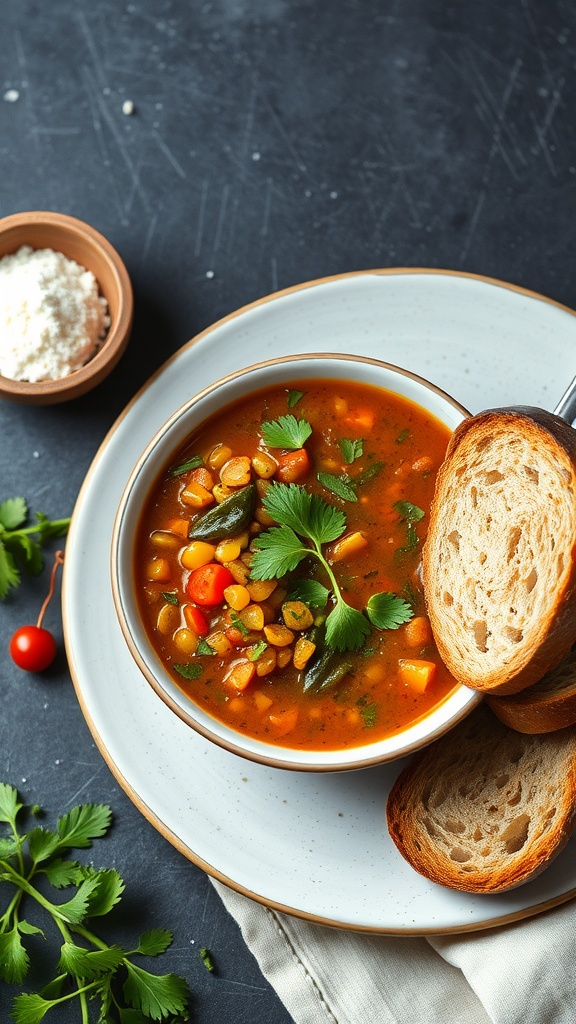 Bowl of vegetable lentil soup with bread slices