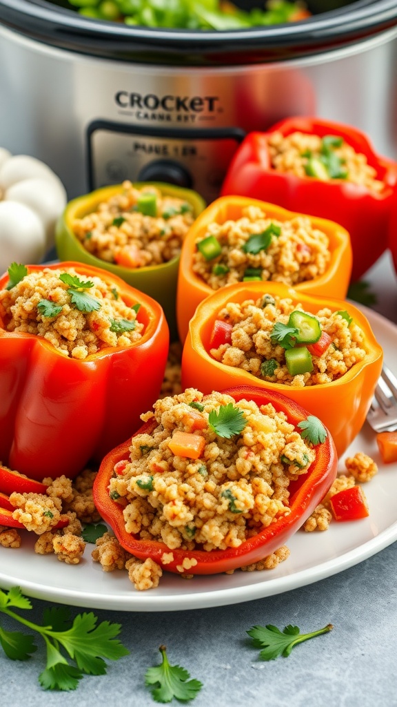 A plate of colorful vegetarian stuffed peppers filled with grains and veggies.