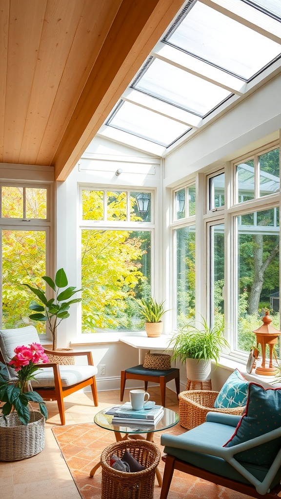 Bright sunroom with large windows, comfortable seating, and plants
