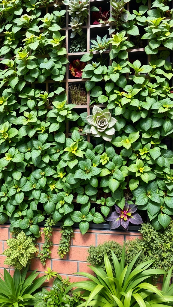 A lush vertical garden wall with various plants arranged in a grid pattern.