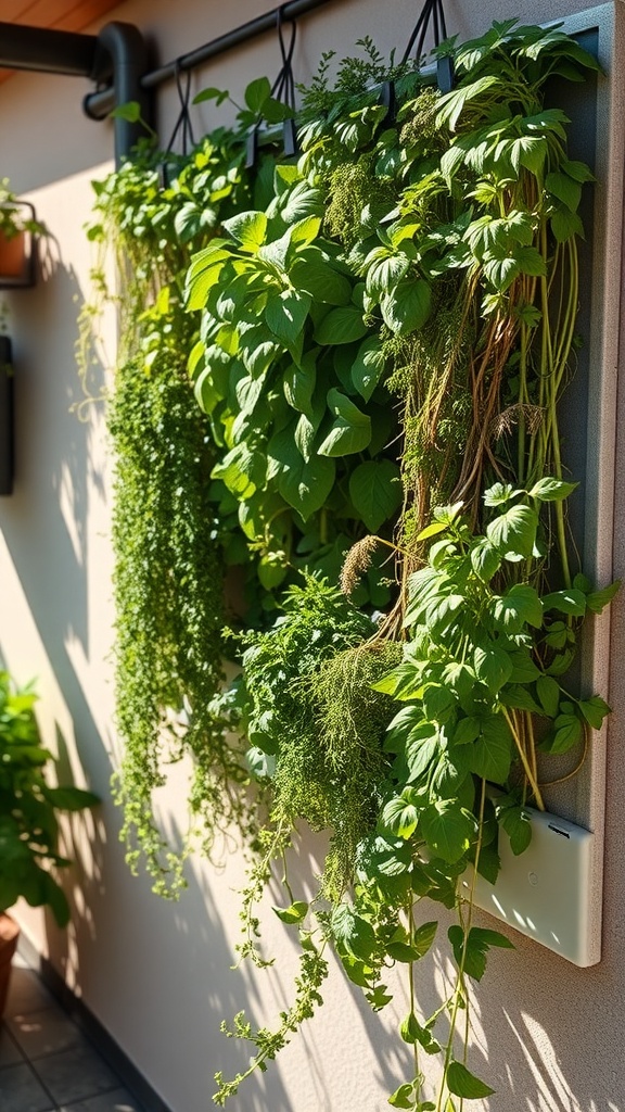 A lush vertical garden featuring various herbs like mint and basil, cascading down a wall.
