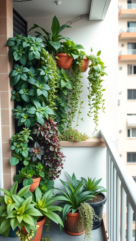 A vertical garden setup with various plants in pots, showcasing greenery on a balcony.