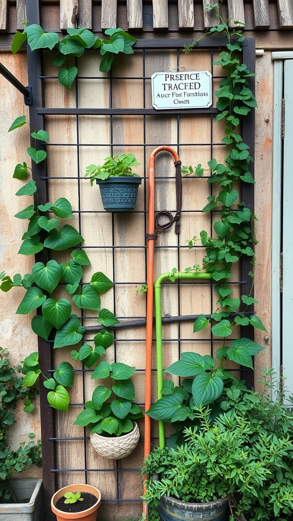 A trellis with green climbing plants and hanging pots, showcasing vertical gardening.
