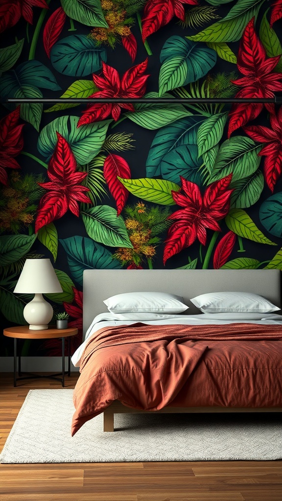 A vibrant jungle-themed accent wall with large green leaves and red flowers in a cozy bedroom setting.
