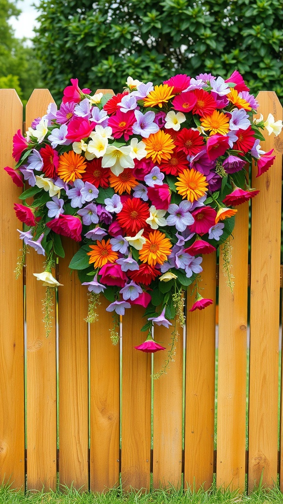 A heart-shaped flower garland in vibrant colors on a wooden fence.