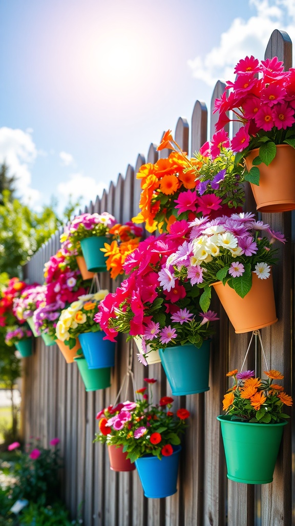 Colorful flower pots hanging from a wooden fence, showcasing a variety of vibrant flowers.