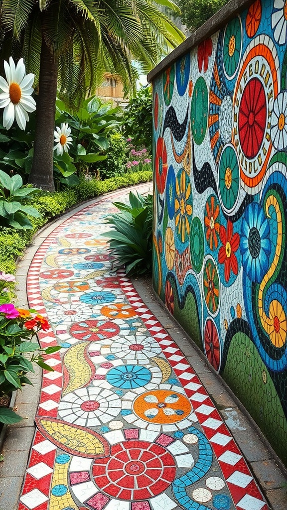Colorful mosaic pathway in a vibrant garden with lush greenery and floral decorations