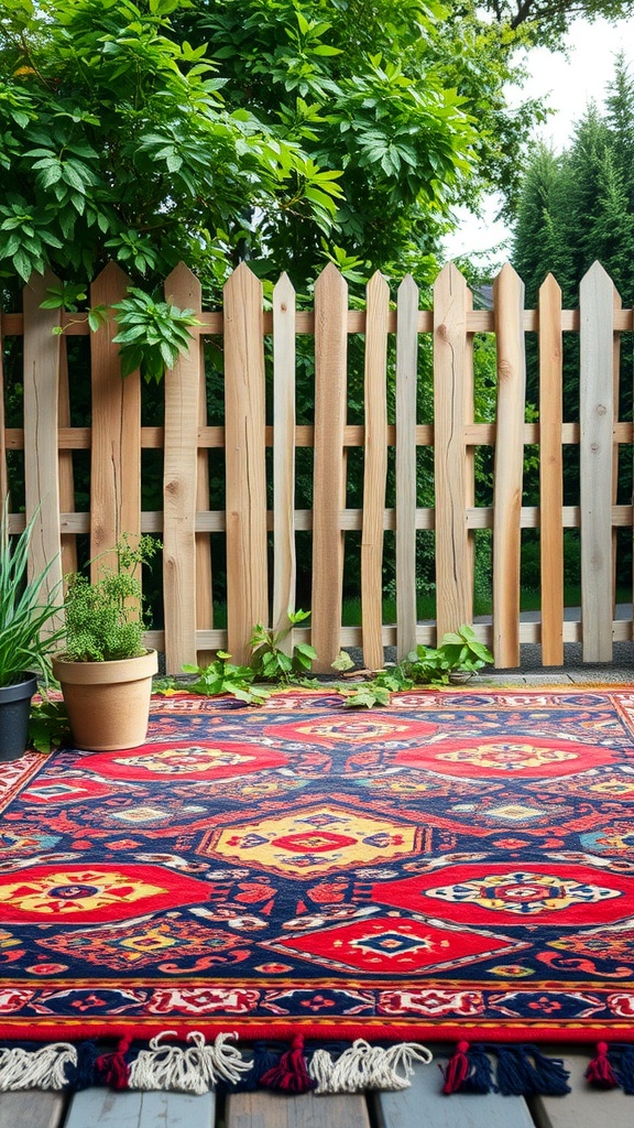 A colorful boho-style outdoor rug with intricate patterns set against a wooden fence and greenery