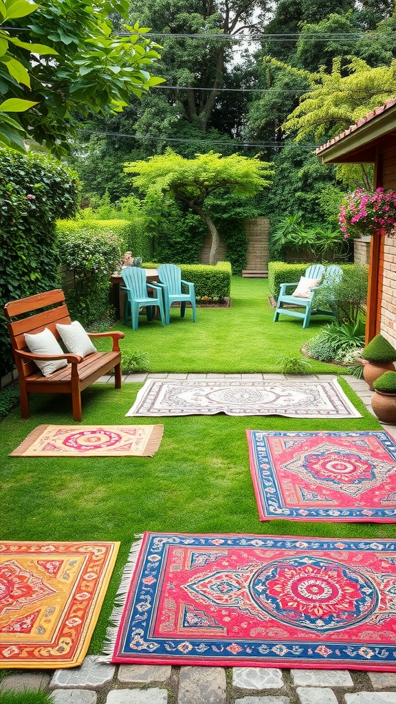 Colorful outdoor rugs laid in a green garden, surrounded by seating areas and plants.