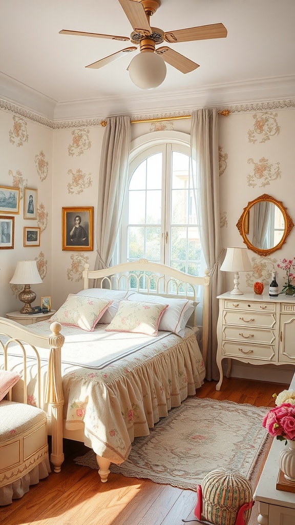 A cozy vintage-inspired bedroom with floral decor, a ruffled bed, and elegant furnishings.