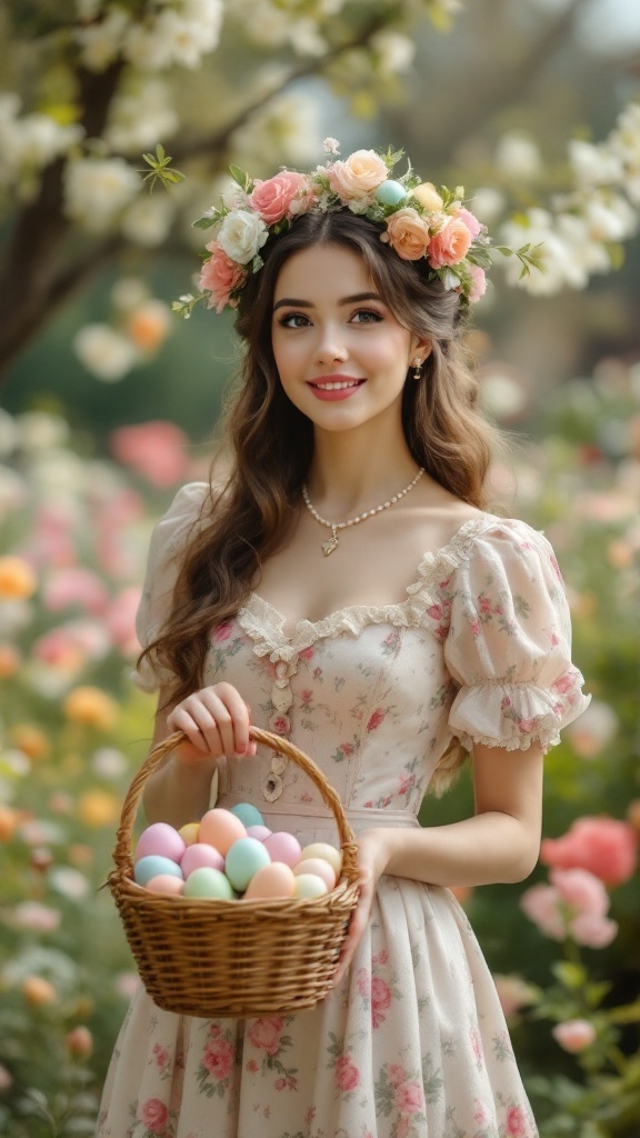 A woman in a vintage-inspired tea dress holding a basket of pastel Easter eggs, adorned with a flower crown in a garden setting.