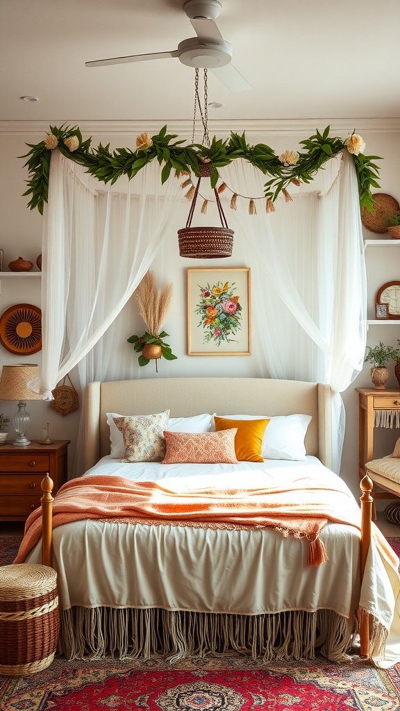 A serene boho bedroom with a canopy bed, featuring vintage accents like a woven basket, colorful pillows, and floral artwork.