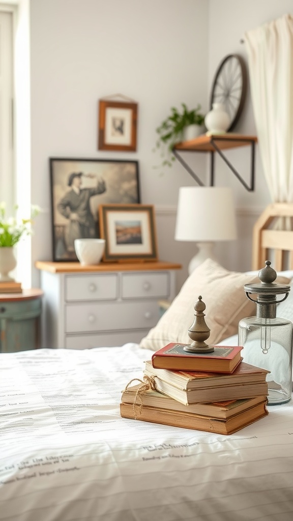 A cozy bedroom featuring vintage accessories like stacked books, a lantern, and framed pictures.