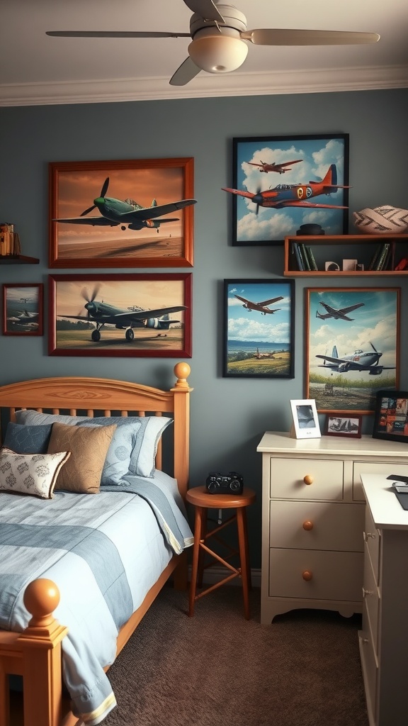 A cozy bedroom featuring vintage airplane decor with framed pictures of planes on the walls, a wooden bed, and a nightstand.