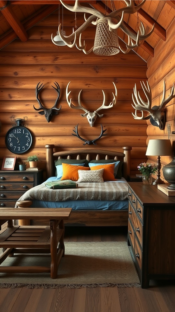 Cozy rustic cabin bedroom featuring vintage antler decor on wooden walls.