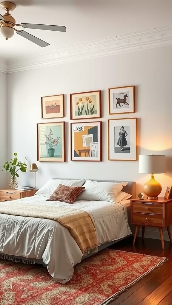 A cozy bedroom featuring a bed with a beige blanket, vintage artwork displayed on the wall, and stylish wooden furniture.