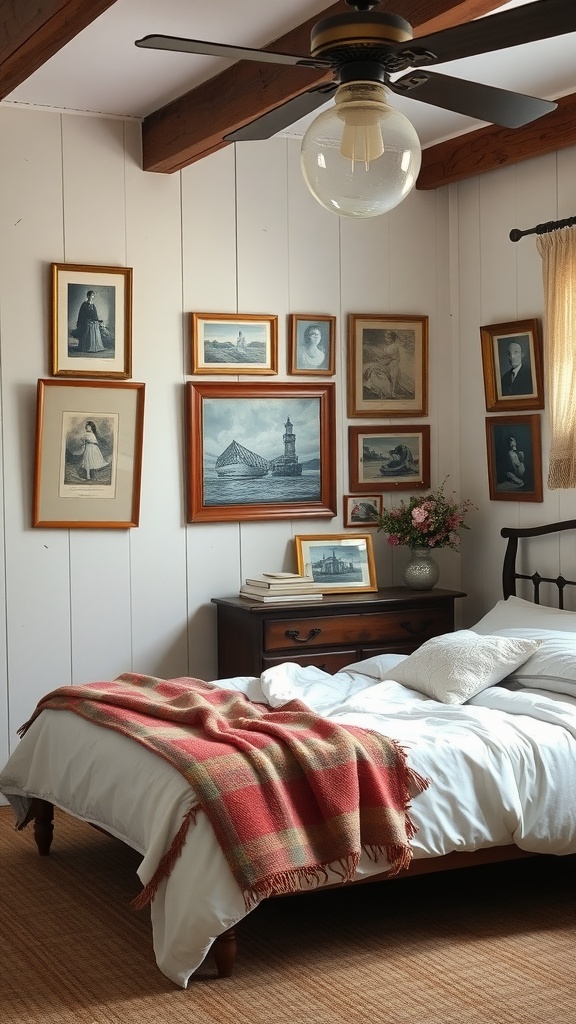 A cozy farmhouse bedroom featuring vintage artwork displayed on the walls.