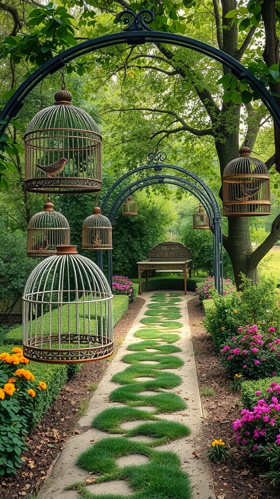 A picturesque garden pathway featuring vintage birdcages hanging above a stone path lined with grass and colorful flowers.