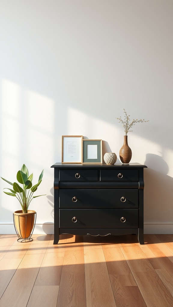 A vintage black chest of drawers next to a plant and decorative items in a bright room