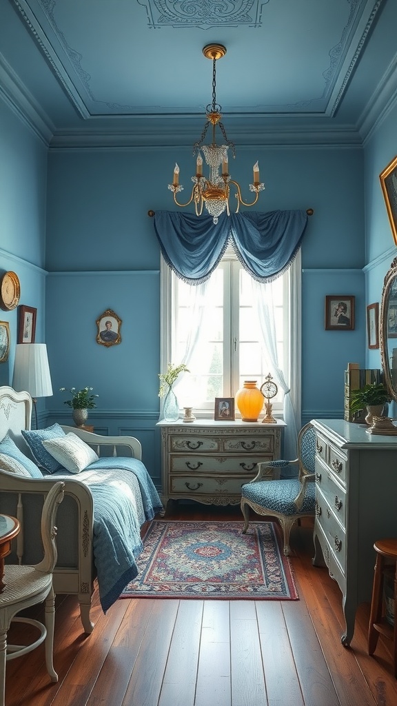 A vintage blue bedroom featuring antique furniture, soft textiles, and elegant decor that blends style and comfort.