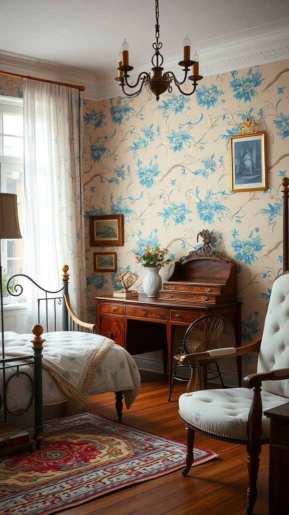 A vintage bedroom with blue floral wallpaper, a wooden desk, and cozy furnishings.